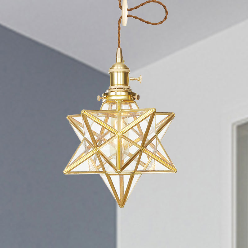 Star Shaped Pendant Lighting Postmodern Clear/Frosted Glass 1 Light Brass Hanging Light Kit with Adjustable Rope Clearhalo 'Ceiling Lights' 'Glass shade' 'Glass' 'Modern Pendants' 'Modern' 'Pendant Lights' 'Pendants' Lighting' 290689