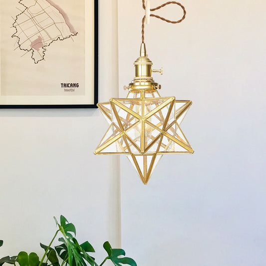 Star Shaped Pendant Lighting Postmodern Clear/Frosted Glass 1 Light Brass Hanging Light Kit with Adjustable Rope Clearhalo 'Ceiling Lights' 'Glass shade' 'Glass' 'Modern Pendants' 'Modern' 'Pendant Lights' 'Pendants' Lighting' 290690