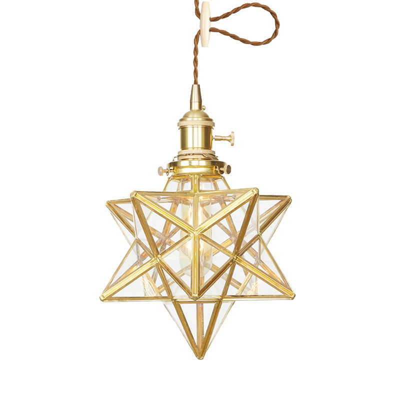 Star Shaped Pendant Lighting Postmodern Clear/Frosted Glass 1 Light Brass Hanging Light Kit with Adjustable Rope Clearhalo 'Ceiling Lights' 'Glass shade' 'Glass' 'Modern Pendants' 'Modern' 'Pendant Lights' 'Pendants' Lighting' 290691