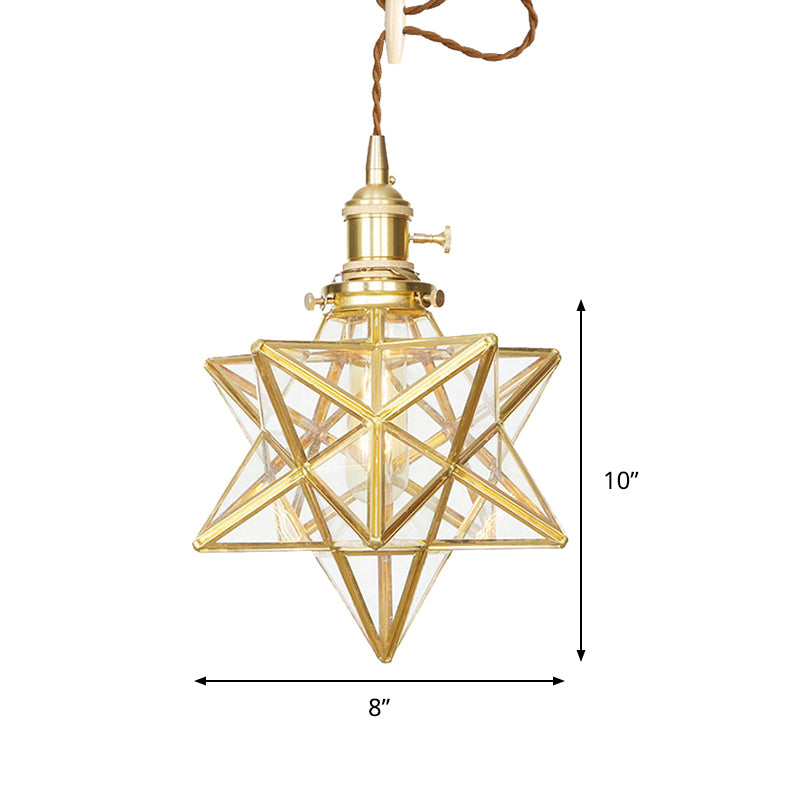 Star Shaped Pendant Lighting Postmodern Clear/Frosted Glass 1 Light Brass Hanging Light Kit with Adjustable Rope Clearhalo 'Ceiling Lights' 'Glass shade' 'Glass' 'Modern Pendants' 'Modern' 'Pendant Lights' 'Pendants' Lighting' 290692