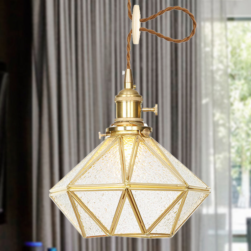 Diamond Pendant Ceiling Light Postmodern Clear/Frosted Glass 1 Light Brass Hanging Light with Adjustable Rope Clearhalo 'Ceiling Lights' 'Glass shade' 'Glass' 'Modern Pendants' 'Modern' 'Pendant Lights' 'Pendants' Lighting' 290700