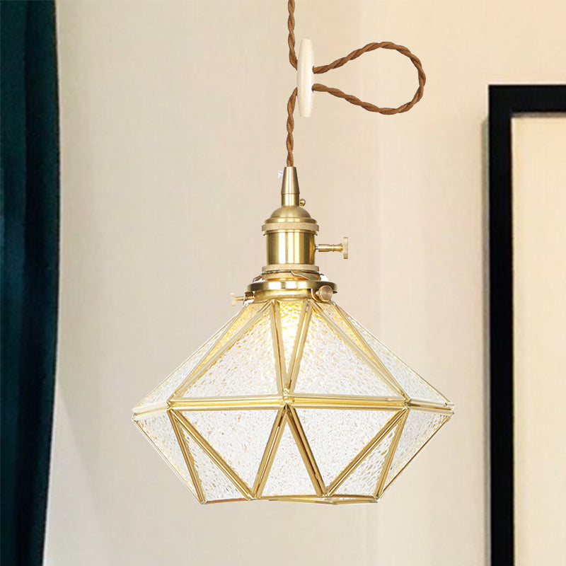 Diamond Pendant Ceiling Light Postmodern Clear/Frosted Glass 1 Light Brass Hanging Light with Adjustable Rope Clearhalo 'Ceiling Lights' 'Glass shade' 'Glass' 'Modern Pendants' 'Modern' 'Pendant Lights' 'Pendants' Lighting' 290701