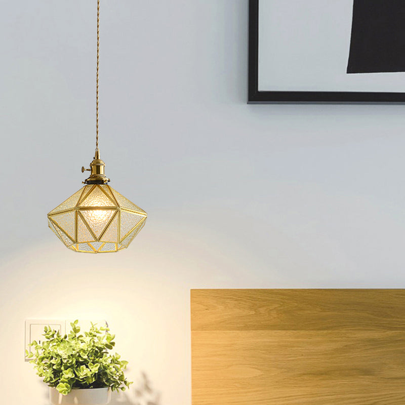 Diamond Pendant Ceiling Light Postmodern Clear/Frosted Glass 1 Light Brass Hanging Light with Adjustable Rope Clearhalo 'Ceiling Lights' 'Glass shade' 'Glass' 'Modern Pendants' 'Modern' 'Pendant Lights' 'Pendants' Lighting' 290702