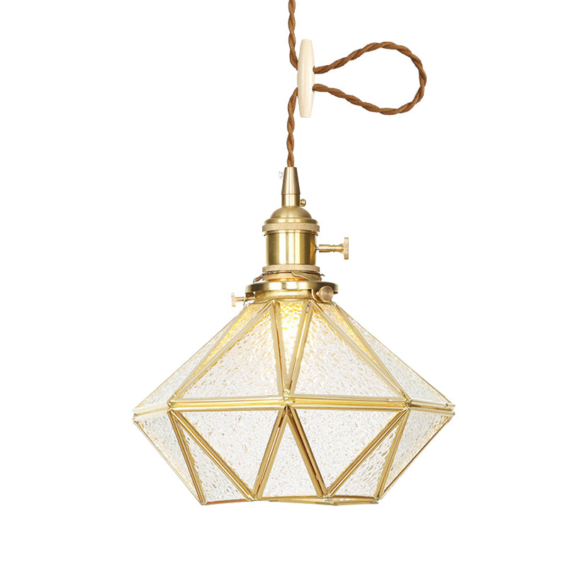 Diamond Pendant Ceiling Light Postmodern Clear/Frosted Glass 1 Light Brass Hanging Light with Adjustable Rope Clearhalo 'Ceiling Lights' 'Glass shade' 'Glass' 'Modern Pendants' 'Modern' 'Pendant Lights' 'Pendants' Lighting' 290703