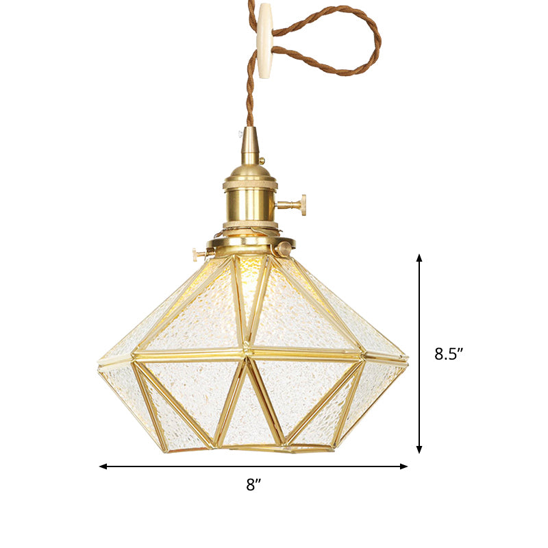 Diamond Pendant Ceiling Light Postmodern Clear/Frosted Glass 1 Light Brass Hanging Light with Adjustable Rope Clearhalo 'Ceiling Lights' 'Glass shade' 'Glass' 'Modern Pendants' 'Modern' 'Pendant Lights' 'Pendants' Lighting' 290704