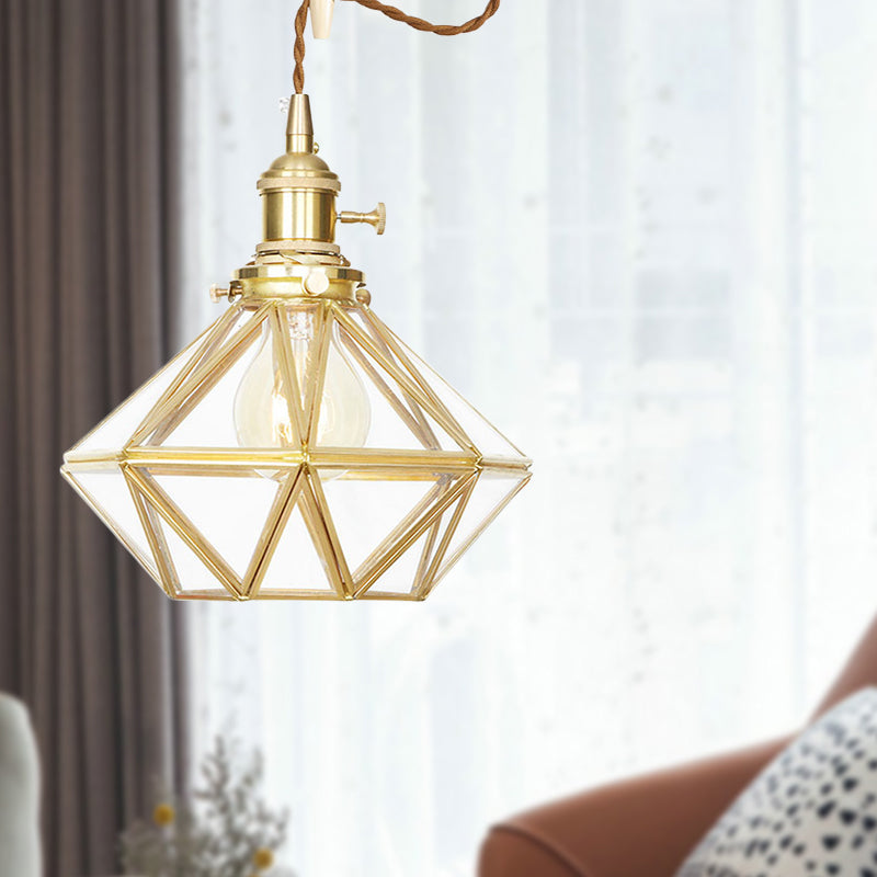 Diamond Pendant Ceiling Light Postmodern Clear/Frosted Glass 1 Light Brass Hanging Light with Adjustable Rope Clearhalo 'Ceiling Lights' 'Glass shade' 'Glass' 'Modern Pendants' 'Modern' 'Pendant Lights' 'Pendants' Lighting' 290707