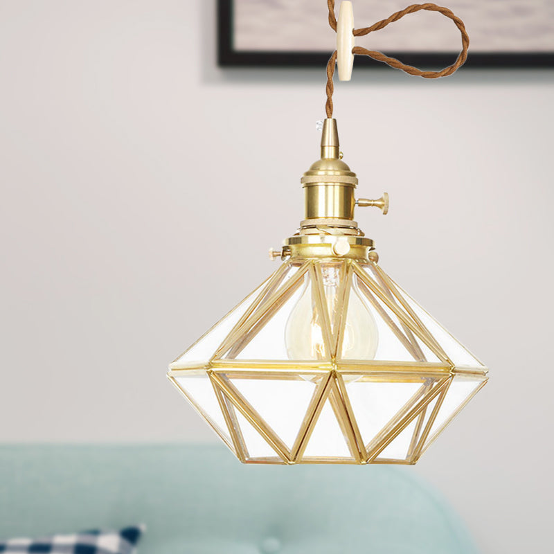 Diamond Pendant Ceiling Light Postmodern Clear/Frosted Glass 1 Light Brass Hanging Light with Adjustable Rope Clearhalo 'Ceiling Lights' 'Glass shade' 'Glass' 'Modern Pendants' 'Modern' 'Pendant Lights' 'Pendants' Lighting' 290708