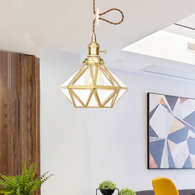 Diamond Pendant Ceiling Light Postmodern Clear/Frosted Glass 1 Light Brass Hanging Light with Adjustable Rope Clearhalo 'Ceiling Lights' 'Glass shade' 'Glass' 'Modern Pendants' 'Modern' 'Pendant Lights' 'Pendants' Lighting' 290709