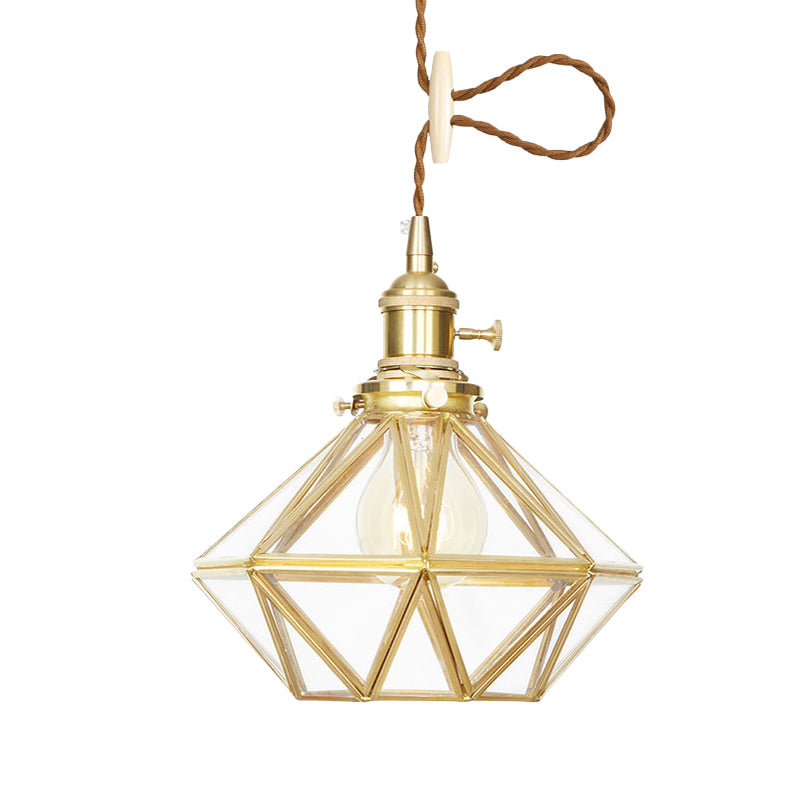 Diamond Pendant Ceiling Light Postmodern Clear/Frosted Glass 1 Light Brass Hanging Light with Adjustable Rope Clearhalo 'Ceiling Lights' 'Glass shade' 'Glass' 'Modern Pendants' 'Modern' 'Pendant Lights' 'Pendants' Lighting' 290710