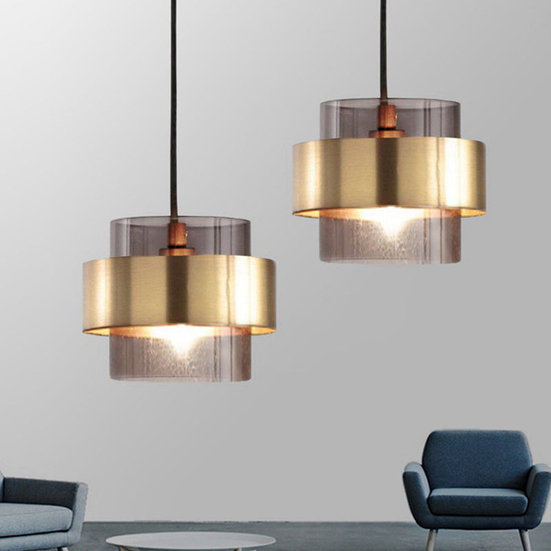 Cylinder Smoke Gray Glass Pendant Light Modern 1 Light Gold Hanging Ceiling Light Clearhalo 'Ceiling Lights' 'Glass shade' 'Glass' 'Modern Pendants' 'Modern' 'Pendant Lights' 'Pendants' Lighting' 290713