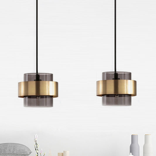 Cylinder Smoke Gray Glass Pendant Light Modern 1 Light Gold Hanging Ceiling Light Clearhalo 'Ceiling Lights' 'Glass shade' 'Glass' 'Modern Pendants' 'Modern' 'Pendant Lights' 'Pendants' Lighting' 290714