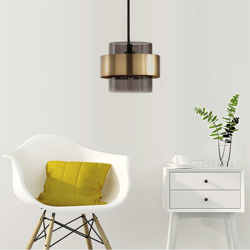 Cylinder Smoke Gray Glass Pendant Light Modern 1 Light Gold Hanging Ceiling Light Clearhalo 'Ceiling Lights' 'Glass shade' 'Glass' 'Modern Pendants' 'Modern' 'Pendant Lights' 'Pendants' Lighting' 290716