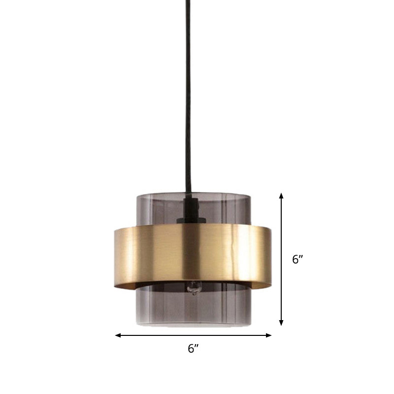 Cylinder Smoke Gray Glass Pendant Light Modern 1 Light Gold Hanging Ceiling Light Clearhalo 'Ceiling Lights' 'Glass shade' 'Glass' 'Modern Pendants' 'Modern' 'Pendant Lights' 'Pendants' Lighting' 290718