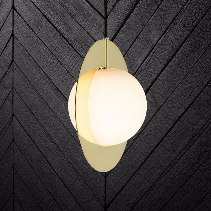 Globe White Glass Pendant Lamp Postmodern 1 Head Hanging Ceiling Light with Gold Ring Clearhalo 'Ceiling Lights' 'Glass shade' 'Glass' 'Modern Pendants' 'Modern' 'Pendant Lights' 'Pendants' Lighting' 290860