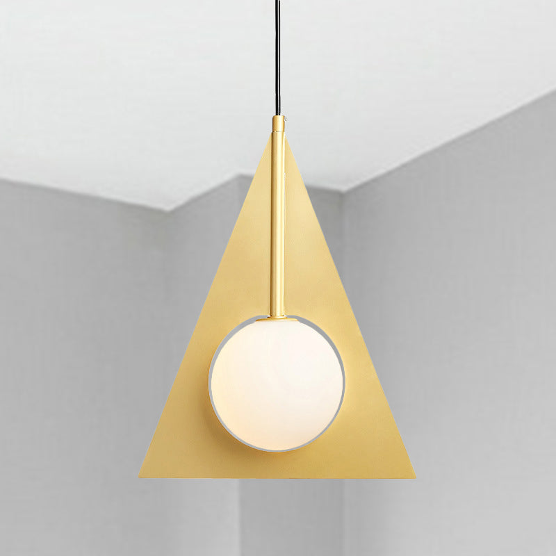 Triangle Ceiling Pendant Light Modern Metal 1 Head Gold Hanging Lamp Kit with Globe White Glass Shade Gold Clearhalo 'Ceiling Lights' 'Glass shade' 'Glass' 'Modern Pendants' 'Modern' 'Pendant Lights' 'Pendants' Lighting' 290866