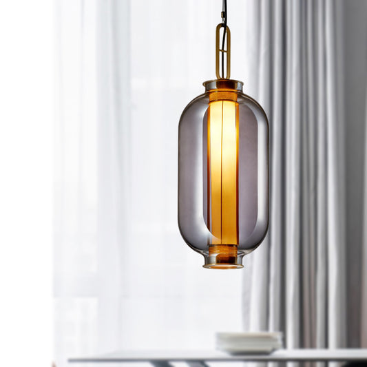Cylindrical Suspension Light Modernist Smoke Glass 1 Bulb Hanging Lamp Kit for Living Room Smoke Gray Clearhalo 'Ceiling Lights' 'Glass shade' 'Glass' 'Modern Pendants' 'Modern' 'Pendant Lights' 'Pendants' Lighting' 290954