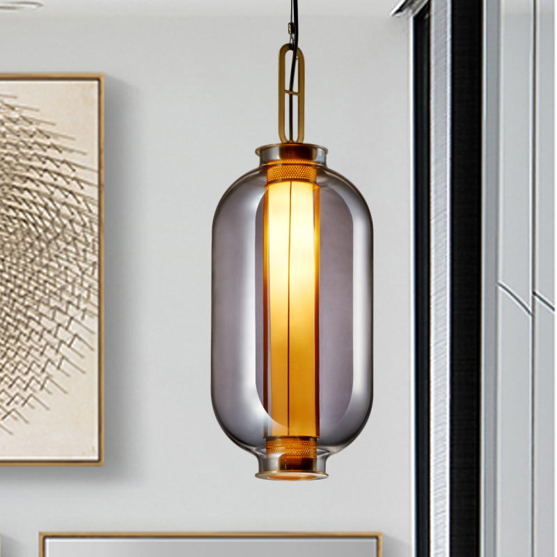 Cylindrical Suspension Light Modernist Smoke Glass 1 Bulb Hanging Lamp Kit for Living Room Clearhalo 'Ceiling Lights' 'Glass shade' 'Glass' 'Modern Pendants' 'Modern' 'Pendant Lights' 'Pendants' Lighting' 290955