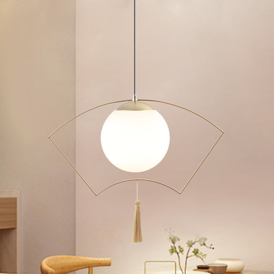 Modernism Globe Pendant Lighting Milk Glass 1 Head Bedroom Hanging Ceiling Light with Gold Fan Metal Frame Gold Clearhalo 'Ceiling Lights' 'Close To Ceiling Lights' 'Glass shade' 'Glass' 'Modern Pendants' 'Modern' 'Pendant Lights' 'Pendants' Lighting' 291063