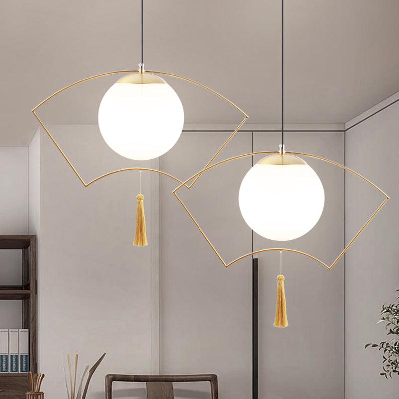 Modernism Globe Pendant Lighting Milk Glass 1 Head Bedroom Hanging Ceiling Light with Gold Fan Metal Frame Clearhalo 'Ceiling Lights' 'Close To Ceiling Lights' 'Glass shade' 'Glass' 'Modern Pendants' 'Modern' 'Pendant Lights' 'Pendants' Lighting' 291064