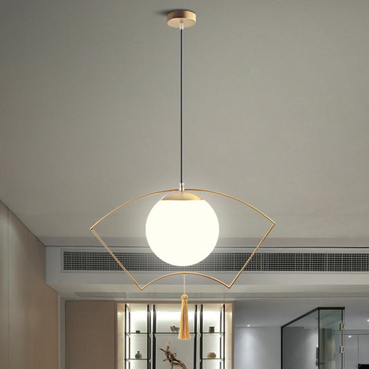 Modernism Globe Pendant Lighting Milk Glass 1 Head Bedroom Hanging Ceiling Light with Gold Fan Metal Frame Clearhalo 'Ceiling Lights' 'Close To Ceiling Lights' 'Glass shade' 'Glass' 'Modern Pendants' 'Modern' 'Pendant Lights' 'Pendants' Lighting' 291065