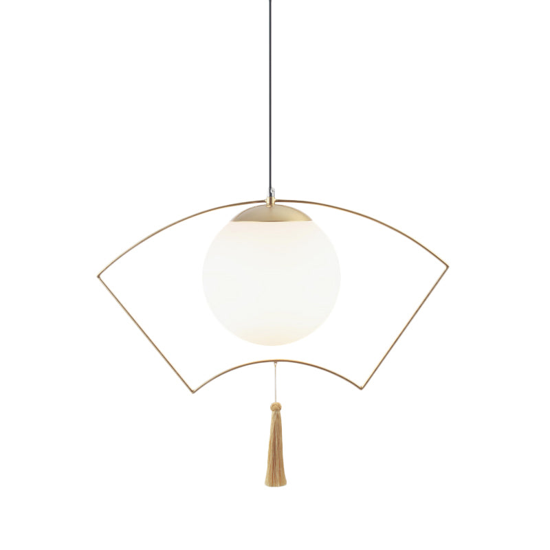 Modernism Globe Pendant Lighting Milk Glass 1 Head Bedroom Hanging Ceiling Light with Gold Fan Metal Frame Clearhalo 'Ceiling Lights' 'Close To Ceiling Lights' 'Glass shade' 'Glass' 'Modern Pendants' 'Modern' 'Pendant Lights' 'Pendants' Lighting' 291067