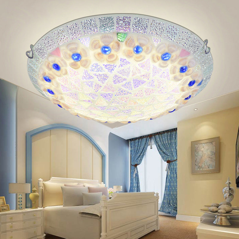 Bedroom Ceiling Lights Tiffany, Mosaic Bowl Flushmount Lighting with Flower and Blue Jewel Decoration White Clearhalo 'Ceiling Lights' 'Close To Ceiling Lights' 'Close to ceiling' 'Flush mount' Lighting' 2911