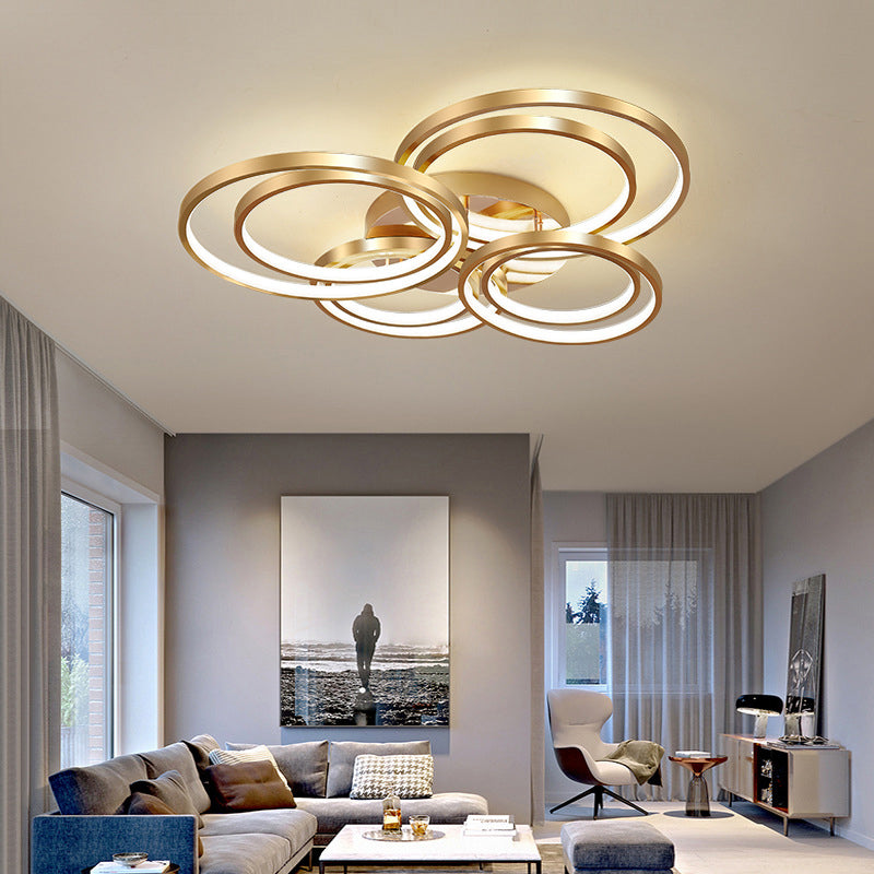 21"/28" Long Circle Metal Ceiling Mounted Fixture Modernism LED Gold Semi Flush Mount Light Fixture in Warm/White Light Gold Clearhalo 'Ceiling Lights' 'Close To Ceiling Lights' 'Close to ceiling' 'Semi-flushmount' Lighting' 291238