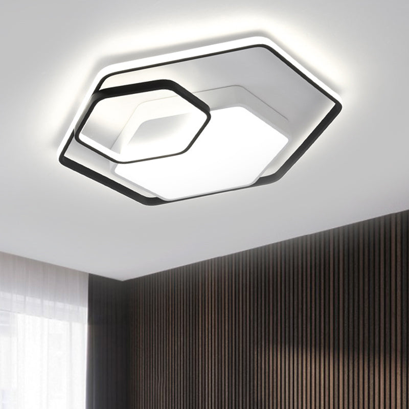 Modern Style Hexagonal Ceiling Lamp 21"/27" W Metallic LED Black and White/White Flush Light in Warm/White/3 Color Light for Bedroom Clearhalo 'Ceiling Lights' 'Close To Ceiling Lights' 'Close to ceiling' 'Flush mount' Lighting' 292252