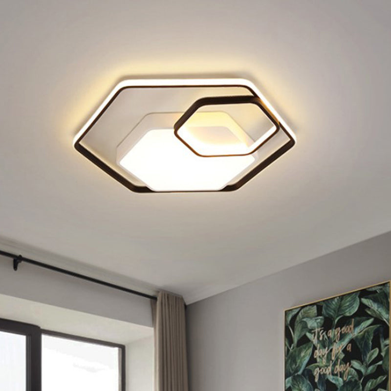 Modern Style Hexagonal Ceiling Lamp 21"/27" W Metallic LED Black and White/White Flush Light in Warm/White/3 Color Light for Bedroom Black-White Warm Clearhalo 'Ceiling Lights' 'Close To Ceiling Lights' 'Close to ceiling' 'Flush mount' Lighting' 292253