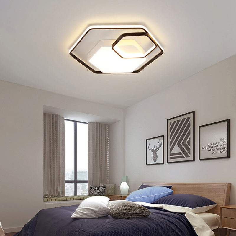 Modern Style Hexagonal Ceiling Lamp 21"/27" W Metallic LED Black and White/White Flush Light in Warm/White/3 Color Light for Bedroom Clearhalo 'Ceiling Lights' 'Close To Ceiling Lights' 'Close to ceiling' 'Flush mount' Lighting' 292254