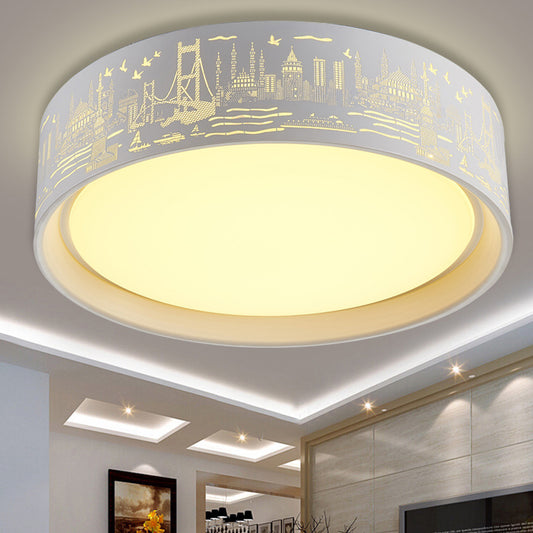 16.5"/20.5" W Metal Drum Flush Lamp Modern White Carved Metropolis Scene LED Ceiling Light in Warm/White Light/Remote Control Stepless Dimming White Clearhalo 'Ceiling Lights' 'Close To Ceiling Lights' 'Close to ceiling' 'Flush mount' Lighting' 292508