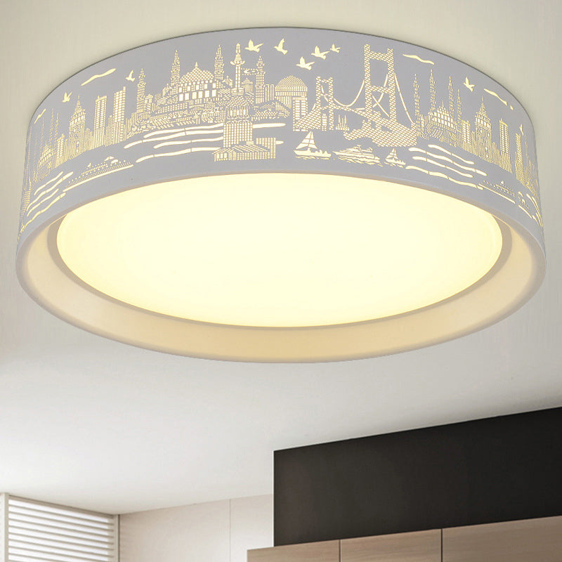 16.5"/20.5" W Metal Drum Flush Lamp Modern White Carved Metropolis Scene LED Ceiling Light in Warm/White Light/Remote Control Stepless Dimming Clearhalo 'Ceiling Lights' 'Close To Ceiling Lights' 'Close to ceiling' 'Flush mount' Lighting' 292509