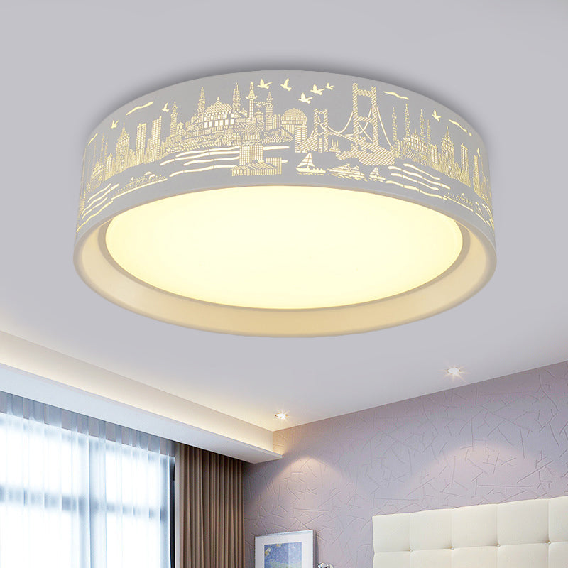 16.5"/20.5" W Metal Drum Flush Lamp Modern White Carved Metropolis Scene LED Ceiling Light in Warm/White Light/Remote Control Stepless Dimming Clearhalo 'Ceiling Lights' 'Close To Ceiling Lights' 'Close to ceiling' 'Flush mount' Lighting' 292510