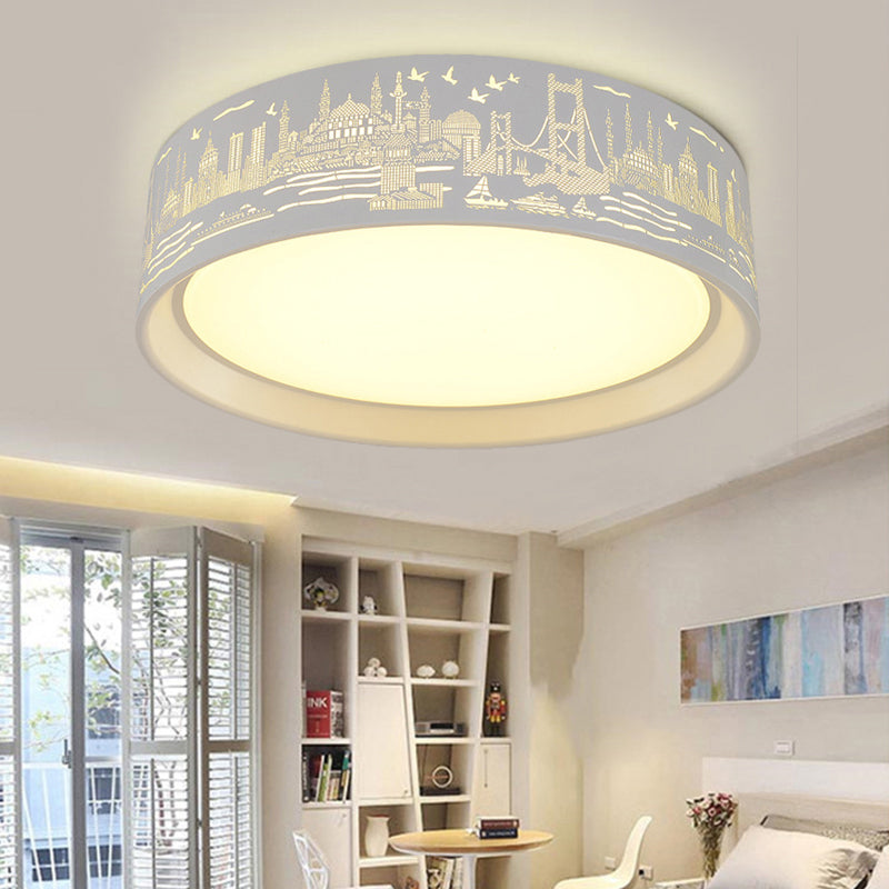 16.5"/20.5" W Metal Drum Flush Lamp Modern White Carved Metropolis Scene LED Ceiling Light in Warm/White Light/Remote Control Stepless Dimming Clearhalo 'Ceiling Lights' 'Close To Ceiling Lights' 'Close to ceiling' 'Flush mount' Lighting' 292511