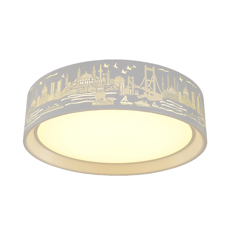 16.5"/20.5" W Metal Drum Flush Lamp Modern White Carved Metropolis Scene LED Ceiling Light in Warm/White Light/Remote Control Stepless Dimming Clearhalo 'Ceiling Lights' 'Close To Ceiling Lights' 'Close to ceiling' 'Flush mount' Lighting' 292512