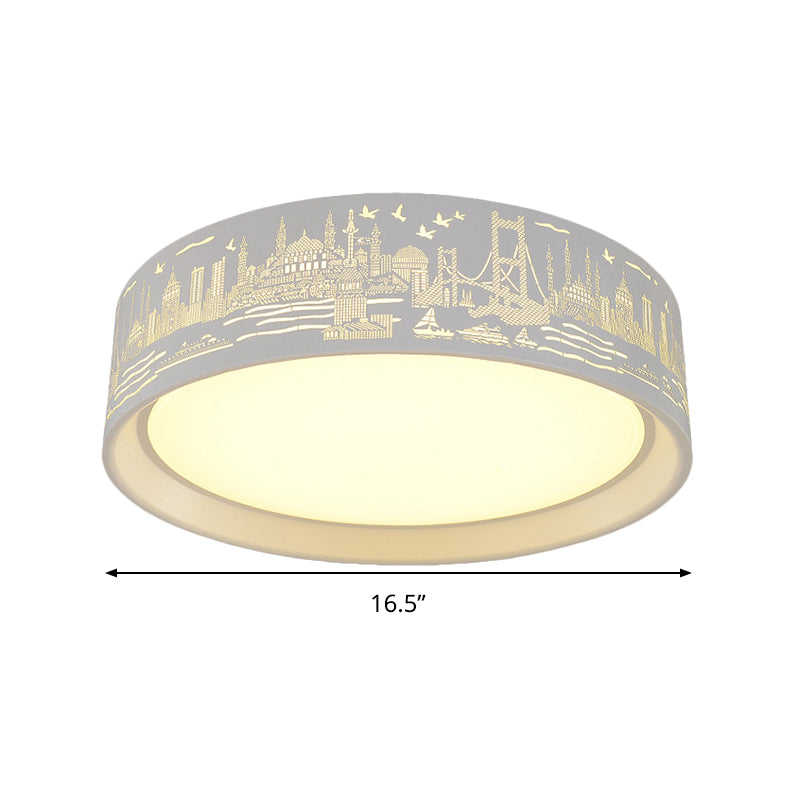 16.5"/20.5" W Metal Drum Flush Lamp Modern White Carved Metropolis Scene LED Ceiling Light in Warm/White Light/Remote Control Stepless Dimming Clearhalo 'Ceiling Lights' 'Close To Ceiling Lights' 'Close to ceiling' 'Flush mount' Lighting' 292513