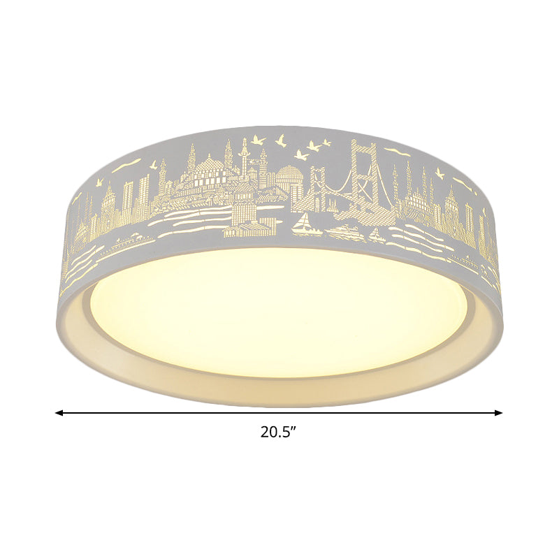 16.5"/20.5" W Metal Drum Flush Lamp Modern White Carved Metropolis Scene LED Ceiling Light in Warm/White Light/Remote Control Stepless Dimming Clearhalo 'Ceiling Lights' 'Close To Ceiling Lights' 'Close to ceiling' 'Flush mount' Lighting' 292514