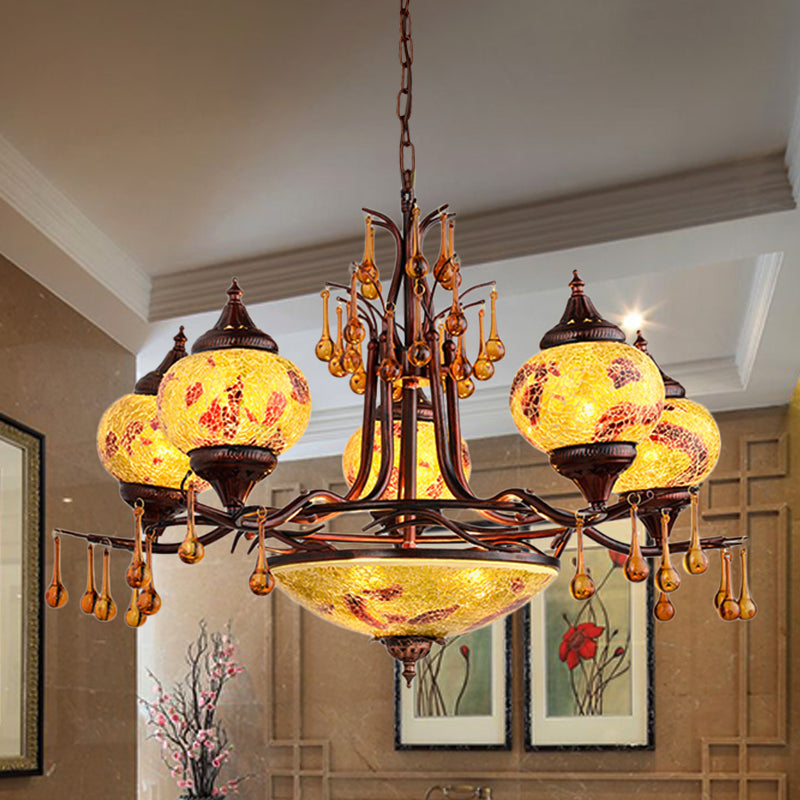 Blue/Yellow 8 Lights Chandelier Lighting Fixture Moroccan Stained Glass Globe Hanging Ceiling Light Clearhalo 'Ceiling Lights' 'Chandeliers' 'Glass shade' 'Glass' 'Pendant Lights' Lighting' 292607