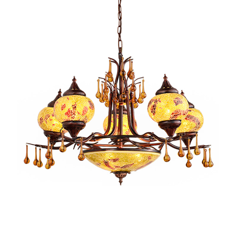 Blue/Yellow 8 Lights Chandelier Lighting Fixture Moroccan Stained Glass Globe Hanging Ceiling Light Clearhalo 'Ceiling Lights' 'Chandeliers' 'Glass shade' 'Glass' 'Pendant Lights' Lighting' 292609