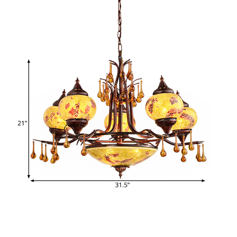 Blue/Yellow 8 Lights Chandelier Lighting Fixture Moroccan Stained Glass Globe Hanging Ceiling Light Clearhalo 'Ceiling Lights' 'Chandeliers' 'Glass shade' 'Glass' 'Pendant Lights' Lighting' 292610