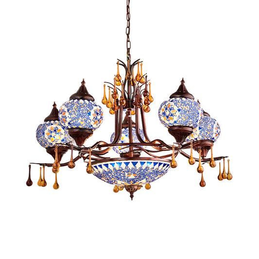 Blue/Yellow 8 Lights Chandelier Lighting Fixture Moroccan Stained Glass Globe Hanging Ceiling Light Blue Clearhalo 'Ceiling Lights' 'Chandeliers' 'Glass shade' 'Glass' 'Pendant Lights' Lighting' 292612