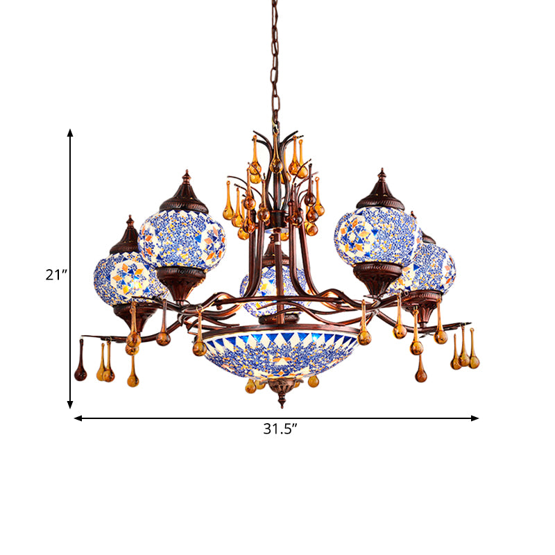 Blue/Yellow 8 Lights Chandelier Lighting Fixture Moroccan Stained Glass Globe Hanging Ceiling Light Clearhalo 'Ceiling Lights' 'Chandeliers' 'Glass shade' 'Glass' 'Pendant Lights' Lighting' 292613