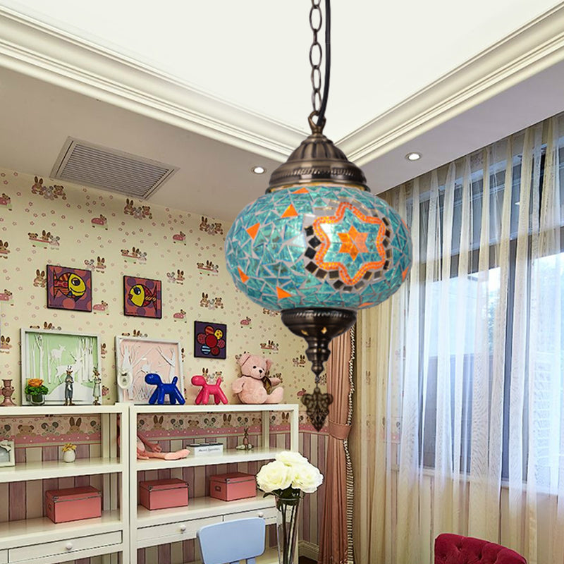 Stained Glass Spherical Hanging Light Vintage 1 Light Living Room Drop Pendant in Red/Blue/Yellow Blue Clearhalo 'Ceiling Lights' 'Close To Ceiling Lights' 'Glass shade' 'Glass' 'Pendant Lights' 'Pendants' Lighting' 292626