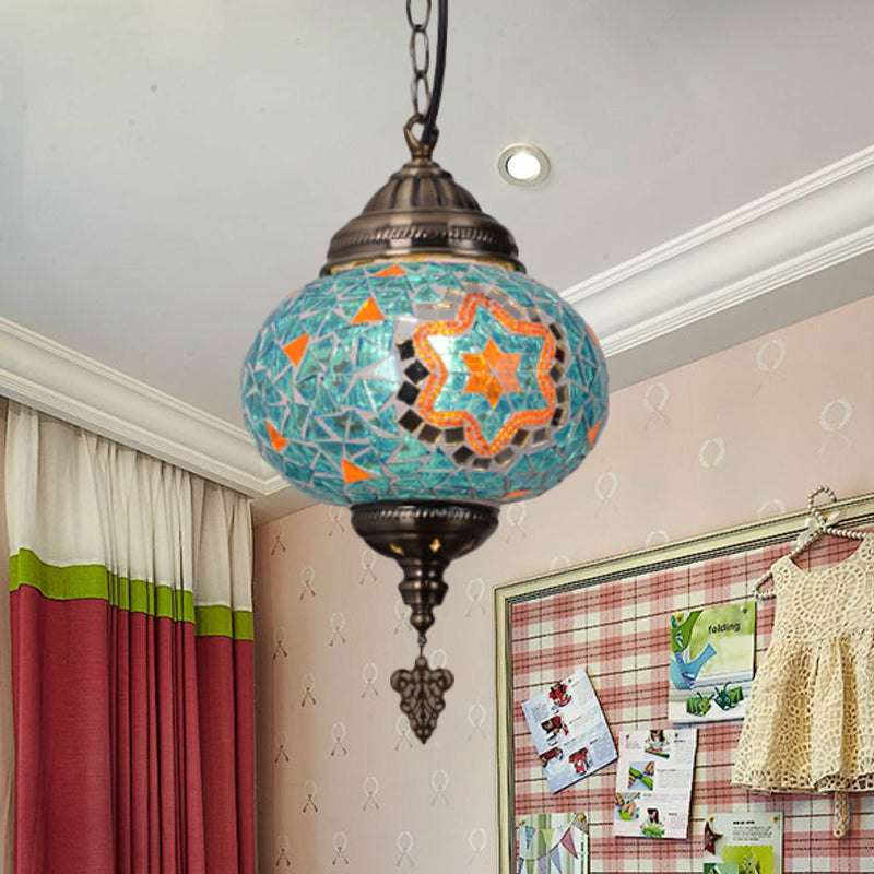 Stained Glass Spherical Hanging Light Vintage 1 Light Living Room Drop Pendant in Red/Blue/Yellow Clearhalo 'Ceiling Lights' 'Close To Ceiling Lights' 'Glass shade' 'Glass' 'Pendant Lights' 'Pendants' Lighting' 292627