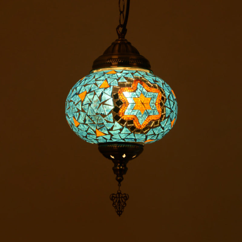 Stained Glass Spherical Hanging Light Vintage 1 Light Living Room Drop Pendant in Red/Blue/Yellow Clearhalo 'Ceiling Lights' 'Close To Ceiling Lights' 'Glass shade' 'Glass' 'Pendant Lights' 'Pendants' Lighting' 292629