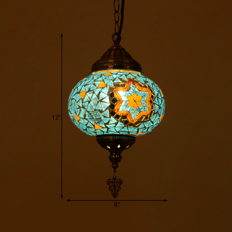 Stained Glass Spherical Hanging Light Vintage 1 Light Living Room Drop Pendant in Red/Blue/Yellow Clearhalo 'Ceiling Lights' 'Close To Ceiling Lights' 'Glass shade' 'Glass' 'Pendant Lights' 'Pendants' Lighting' 292630