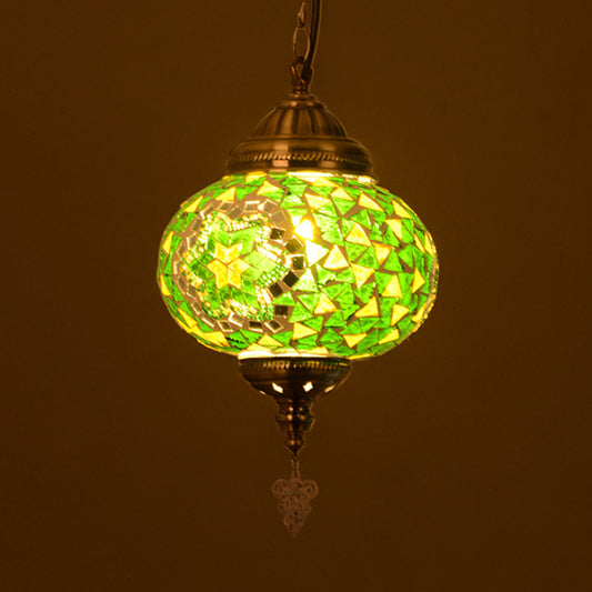 Stained Glass Spherical Hanging Light Vintage 1 Light Living Room Drop Pendant in Red/Blue/Yellow Green Clearhalo 'Ceiling Lights' 'Close To Ceiling Lights' 'Glass shade' 'Glass' 'Pendant Lights' 'Pendants' Lighting' 292632