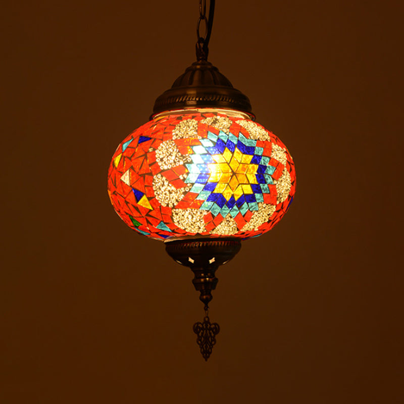 Stained Glass Spherical Hanging Light Vintage 1 Light Living Room Drop Pendant in Red/Blue/Yellow Red Clearhalo 'Ceiling Lights' 'Close To Ceiling Lights' 'Glass shade' 'Glass' 'Pendant Lights' 'Pendants' Lighting' 292634
