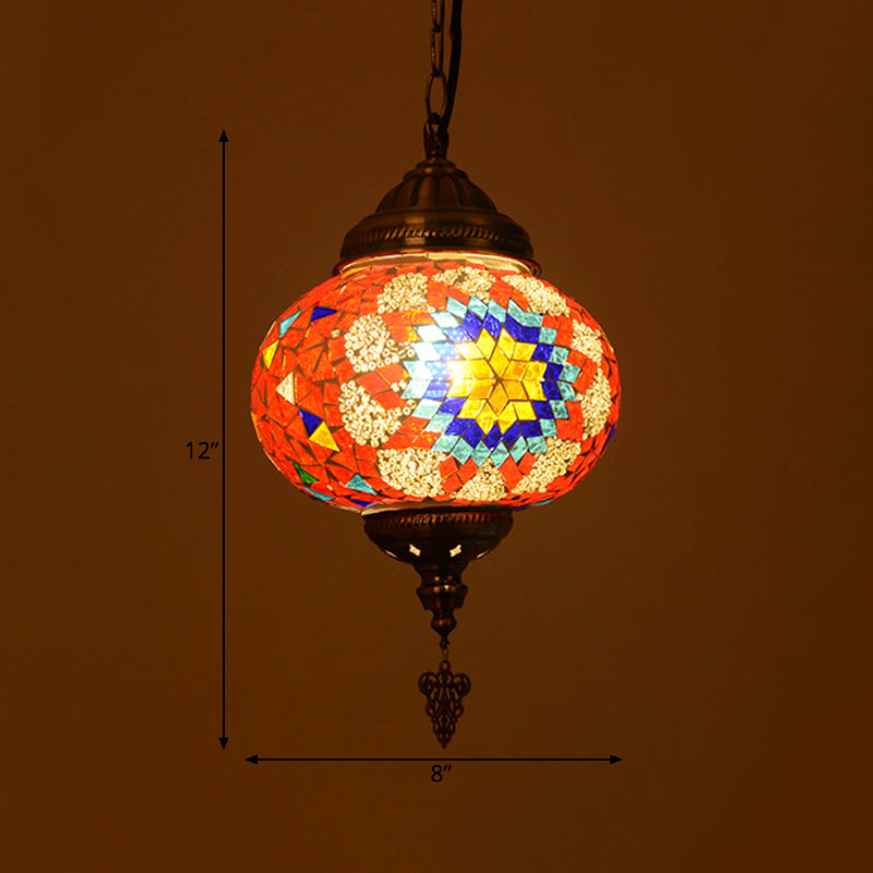 Stained Glass Spherical Hanging Light Vintage 1 Light Living Room Drop Pendant in Red/Blue/Yellow Clearhalo 'Ceiling Lights' 'Close To Ceiling Lights' 'Glass shade' 'Glass' 'Pendant Lights' 'Pendants' Lighting' 292635