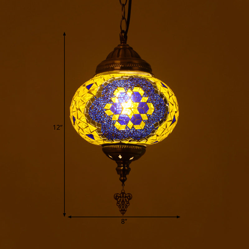 Stained Glass Spherical Hanging Light Vintage 1 Light Living Room Drop Pendant in Red/Blue/Yellow Clearhalo 'Ceiling Lights' 'Close To Ceiling Lights' 'Glass shade' 'Glass' 'Pendant Lights' 'Pendants' Lighting' 292637